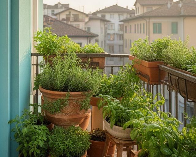 Balcone urbano a Cossato con vasi di erbe aromatiche, piante verdi e luce del mattino